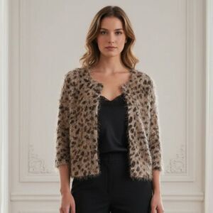 New Directions Animal Print Eyelash Knit Shrug Cardigan Petite Large